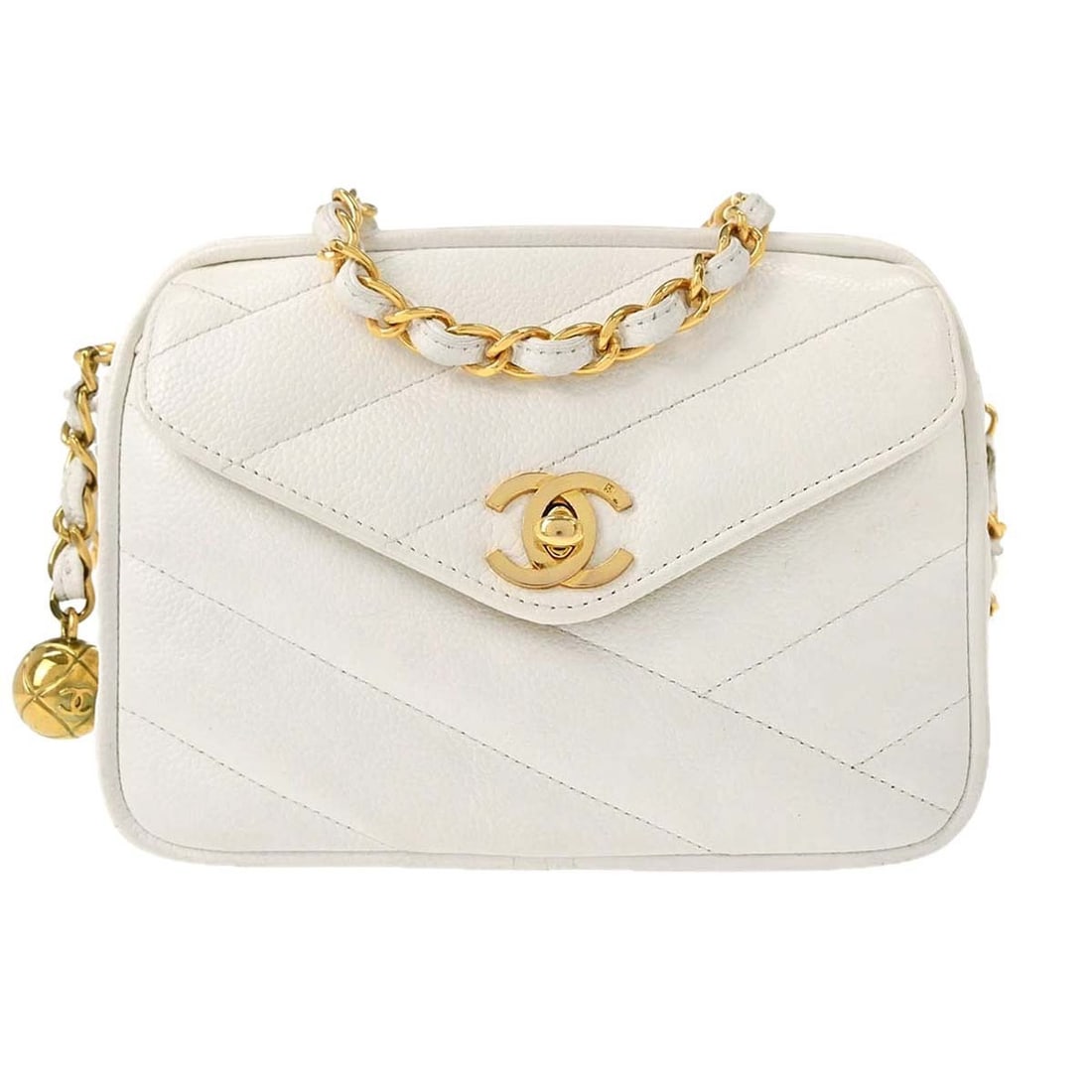 CHANEL Mini White Caviar Leather Crossbody Chain Bag: CHANEL Mini White Caviar Leather Crossbody Chain Bag This Chanel Mini Camera Bag is crafted from durable white caviar skin leather and features a classic zip closure. The bag is designed with a single