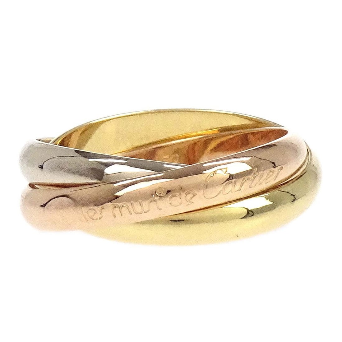 Cartier Trinity 750 Gold Ring Size 59: Cartier Trinity 750 Gold Ring Size 59 This vintage Cartier Must de Cartier Trinity ring is crafted from 18k pink, yellow, and white gold. The ring features a classic round shape and does not include a