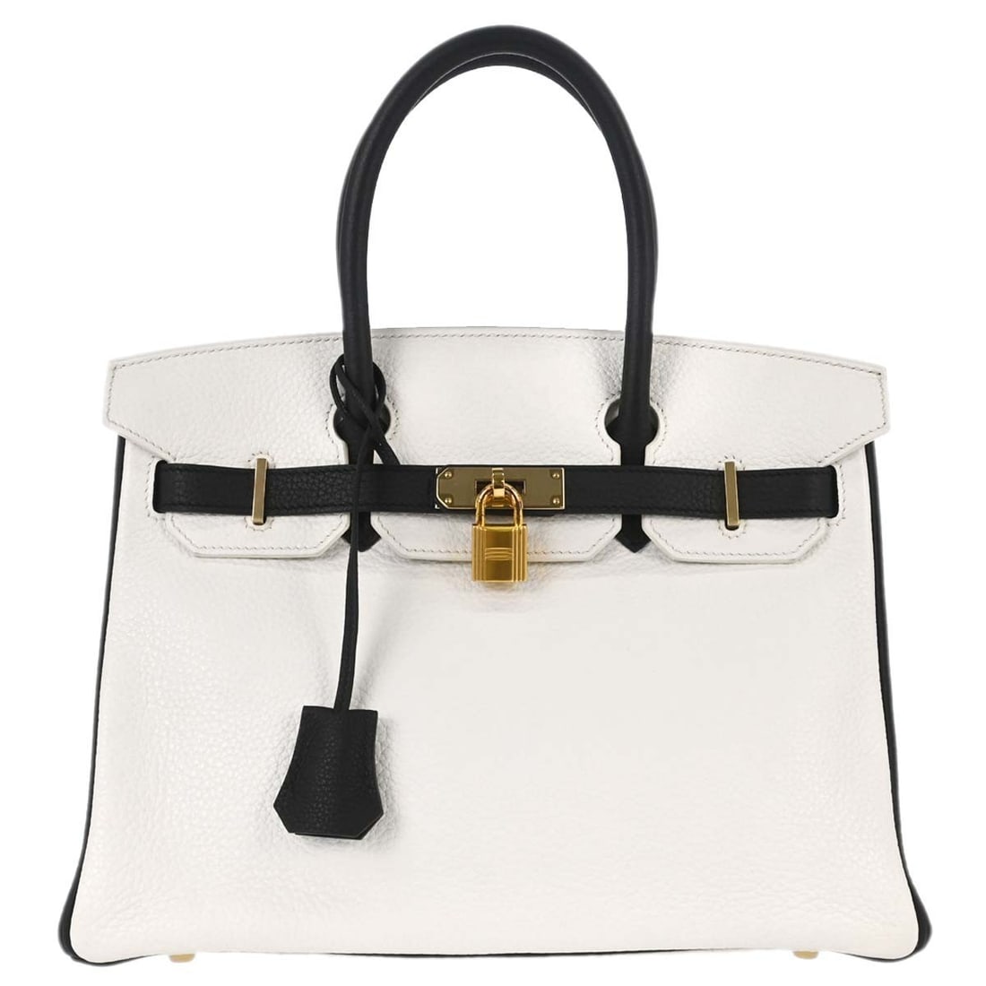 Hermes Birkin 30 White Black Taurillon Clemence Top Handle Bag: Hermes Birkin 30 White Black Taurillon Clemence Top Handle Bag This Hermes Birkin 30 handbag features a white Taurillon Clemence leather exterior with a matching white leather lining. It is designed w