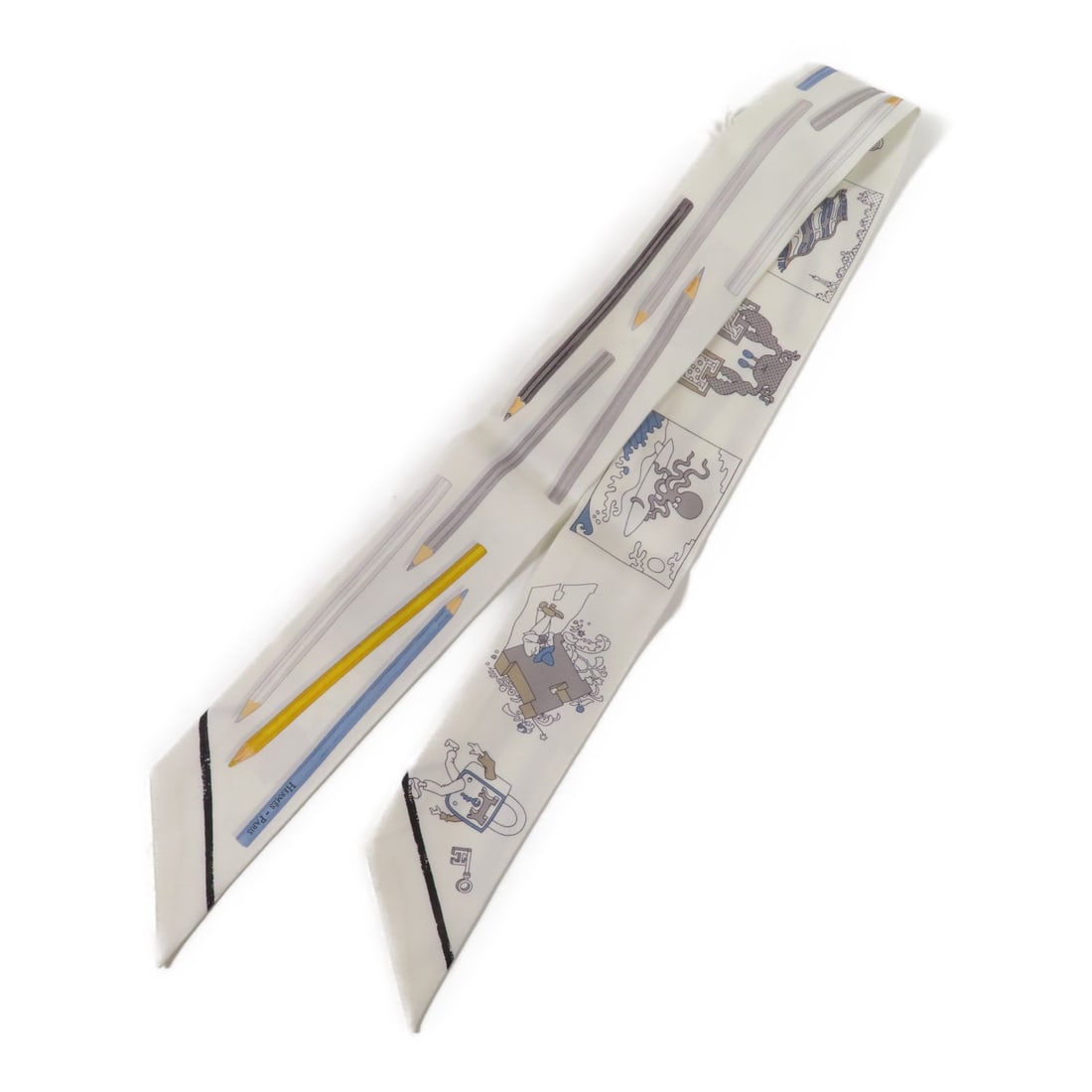 Hermes Twilly White Silk Scarf: Hermes Twilly White Silk Scarf This Hermes scarf is crafted from high-quality white silk, offering a luxurious and elegant accessory for any wardrobe. Designed for women, it features a classic Twilly 