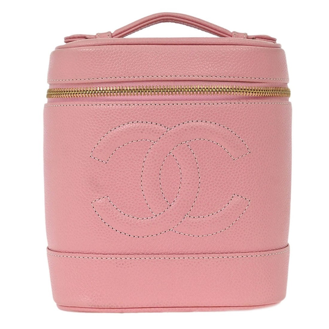 Chanel Pink Caviar Leather Timeless Vanity Bag with Gold Accents: Chanel Pink Caviar Leather Timeless Vanity Bag with Gold Accents Elevate your accessory collection with the Chanel Pink Calfskin Timeless Vanity Handbag. Crafted from luxurious caviar skin leather, th