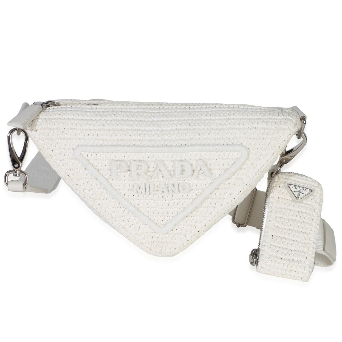 Prada Raffia Crochet Triangle Shoulder Bag White Dustbag: Prada Raffia Crochet Triangle Shoulder Bag White Dustbag This Prada White Raffia Effect Crochet Triangle Shoulder Bag features a unique straw and raffia exterior in a crisp white color, complemented b