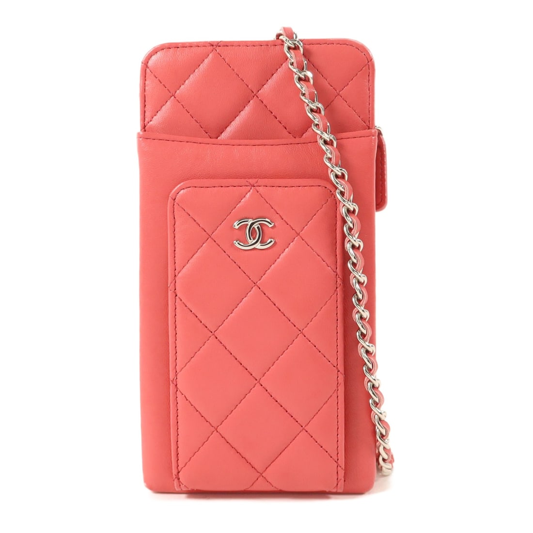 Chanel Pink Lambskin Phone Chain Shoulder Bag with Silver CC Hardware: Chanel Pink Lambskin Phone Chain Shoulder Bag with Silver CC Hardware This CHANEL CC phone holder chain shoulder bag is crafted from pink lambskin leather and features a classic design with silver-ton