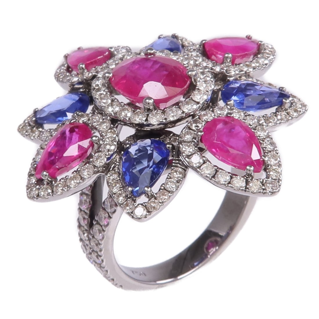 18K White Gold Ring with Ruby Sapphire and Diamond for Women: 18K White Gold Ring with Ruby Sapphire and Diamond for Women This elegant women's ring features a vibrant ruby as the main stone, beautifully accented by sapphires and diamonds. Crafted from 18K white