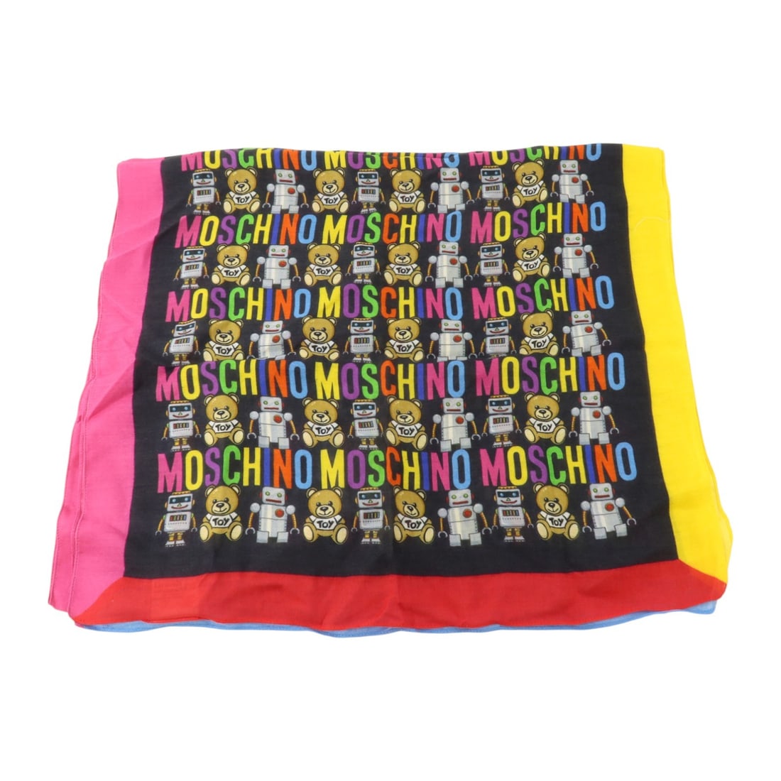 Moschino Toy Robot cashmere scarf black pink multicolor 145x43cm: Moschino Toy Robot cashmere scarf black pink multicolor 145x43cm This MOSCHINO Toy Robot scarf features a playful multicolor design with black and pink accents. Crafted from luxurious cashmere, it off