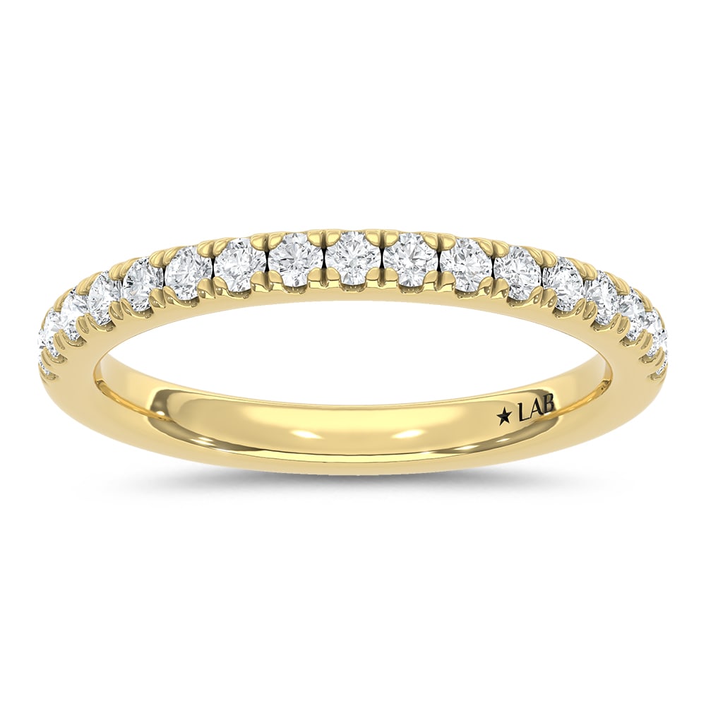 14K Yellow Gold Lab Grown Diamond 3/8 Ct.Tw. Wedding Band: 14K Yellow Gold Lab Grown Diamond 3/8 Ct.Tw. Wedding Band This 14K Yellow Gold Anniversary Band, adorned with 3/8 Ct.Tw. of Lab Grown Diamonds, is a symbol of refined sophistication. The classic Yello