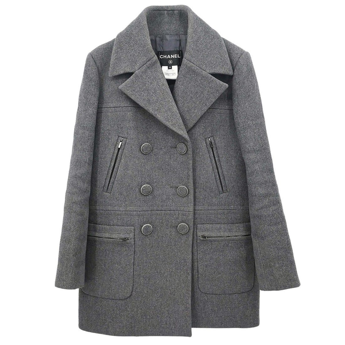CHANEL gray wool women s collared jacket size 38: CHANEL gray wool women s collared jacket size 38 This Chanel double-breasted jacket is crafted from 100% wool in a sophisticated gray hue. Designed for a mid-length fit, it features long sleeves, a co