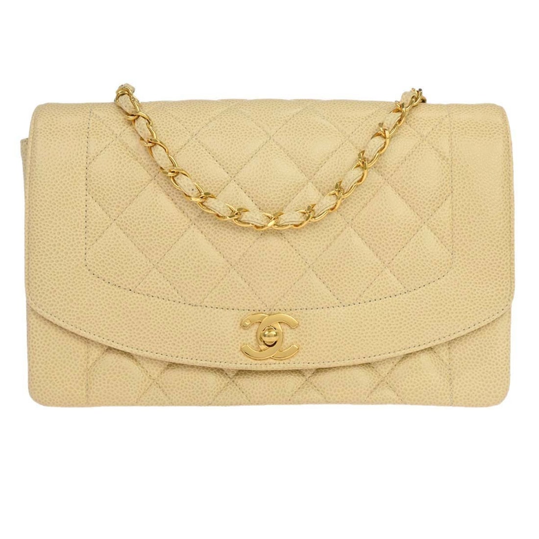 CHANEL Diana medium beige caviar skin crossbody bag: CHANEL Diana medium beige caviar skin crossbody bag This Chanel Medium Diana Shoulder Bag is crafted from beige caviar skin calf leather and features a crossbody strap for versatile wear. The bag is s