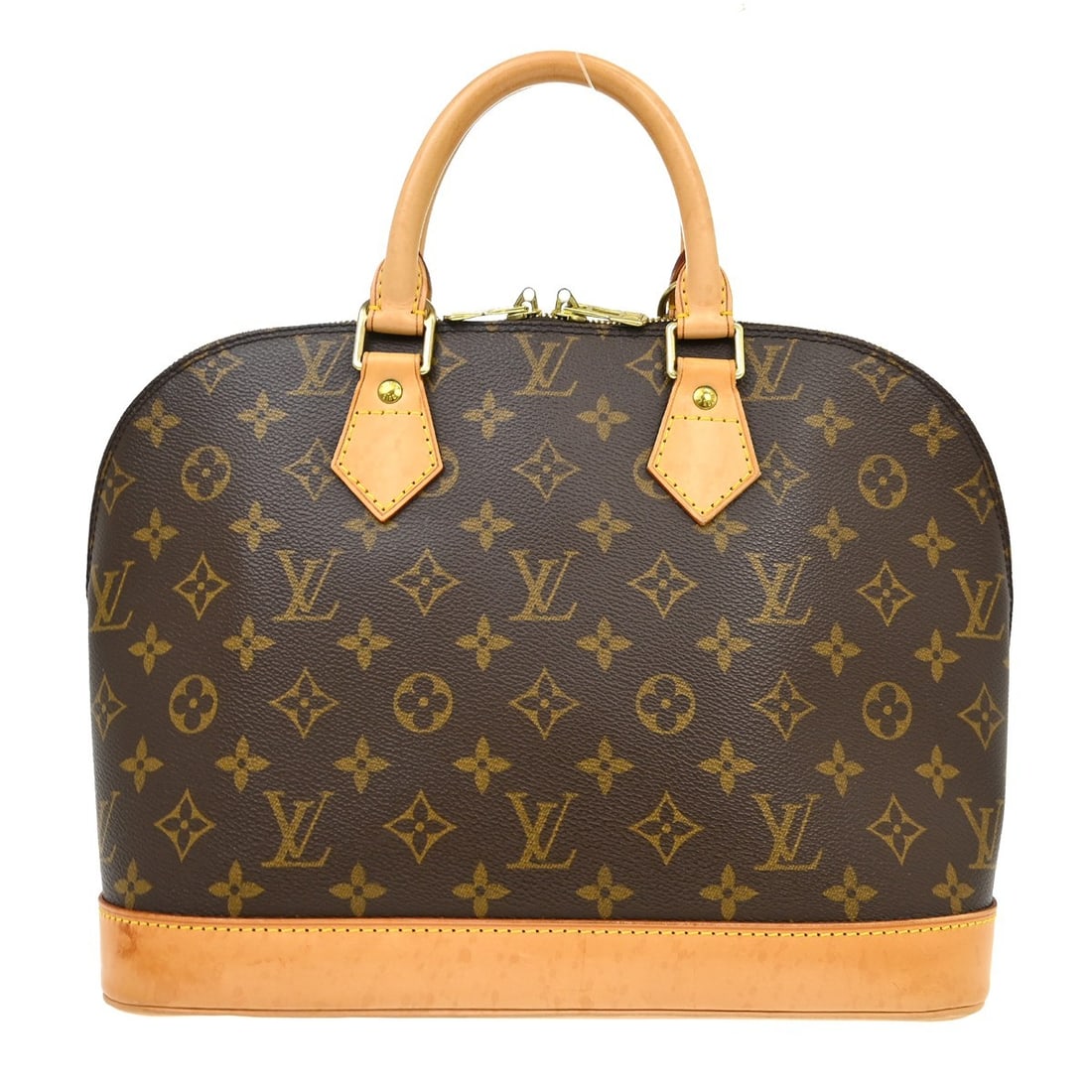 Louis Vuitton Monogram Alma medium canvas handbag: Louis Vuitton Monogram Alma medium canvas handbag This Louis Vuitton Alma handbag features the iconic Monogram canvas with beige leather double handles and a zip closure. The medium-sized bag has a br