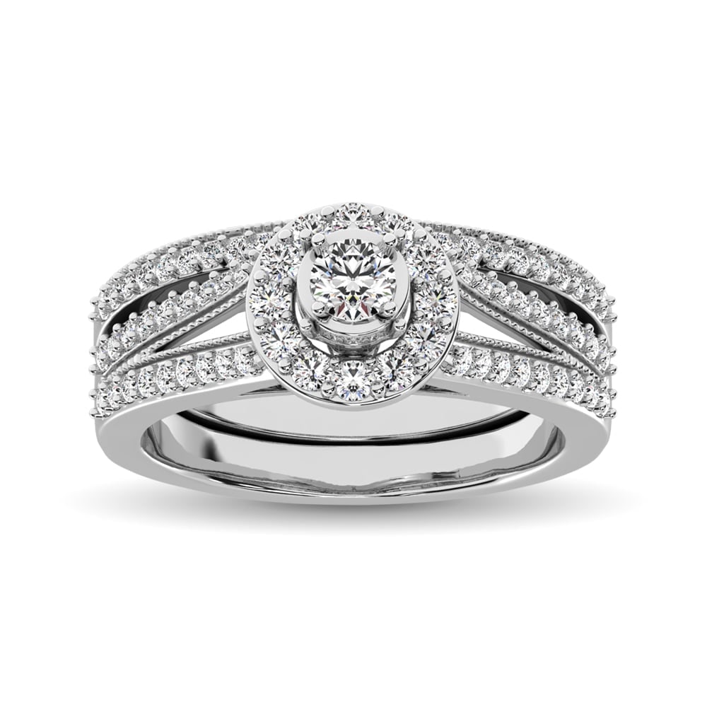 10K White Gold 3/4 Ct.tw Diamond Bridal Ring: 10K White Gold 3/4 Ct.tw Diamond Bridal Ring This amazing Bridal Ring is available in 10K White Gold. There is 1 round diamond with a total carat weight of 3/4 Ct.Tw. set in a shared prong setting. 10