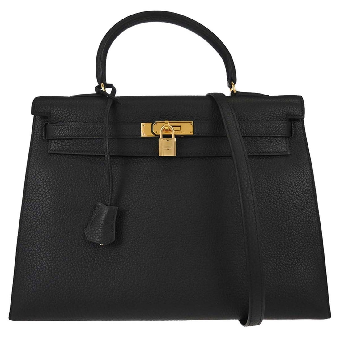 Hermes Kelly 35 Black Ardennes Leather Top Handle Bag: Hermes Kelly 35 Black Ardennes Leather Top Handle Bag This Hermes Kelly 35 Sellier 2-way handbag features black Ardennes leather with gold-tone hardware. It offers a turn lock closure, a top handle wi