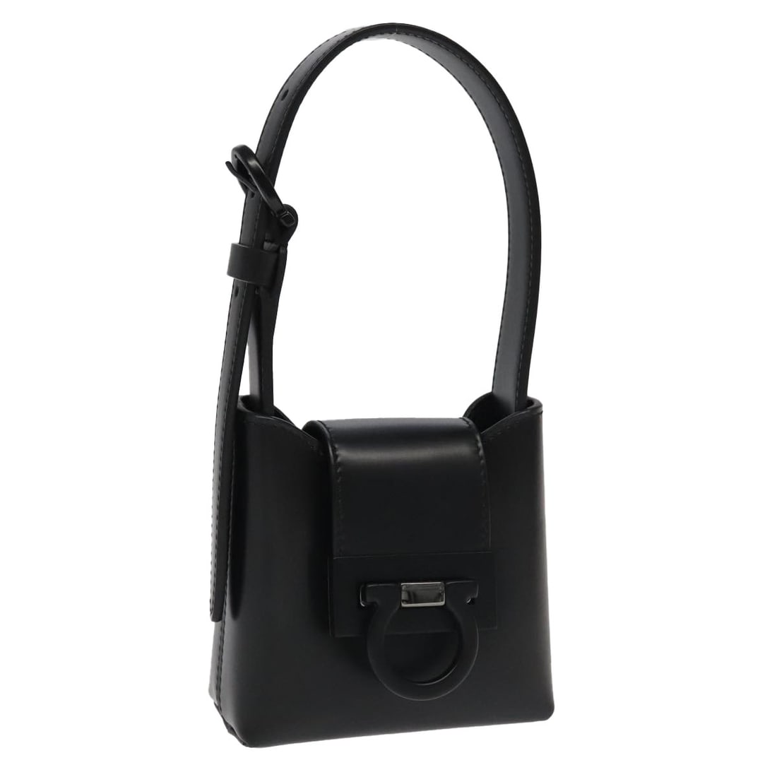 Black Leather Gancini Handbag by Salvatore Ferragamo with Dust Bag: Black Leather Gancini Handbag by Salvatore Ferragamo with Dust Bag This Salvatore Ferragamo Gancini handbag features a black leather exterior and is designed for women. The bag includes a single handl