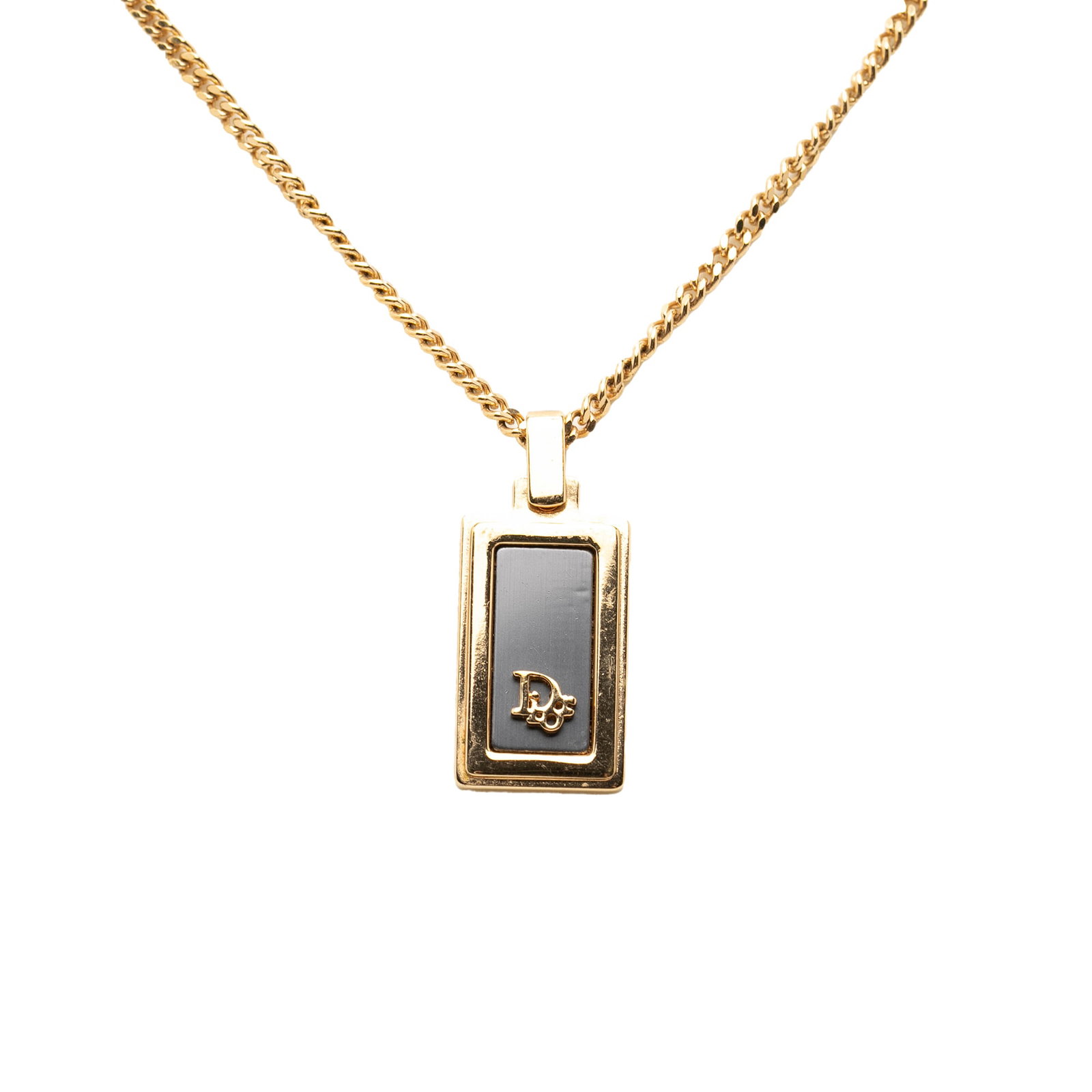 Dior Gold Tone Logo Pendant Necklace Enamel Crystal: Dior Gold Tone Logo Pendant Necklace Enamel Crystal This Dior necklace features a gold-tone metal body with a logo pendant accented by enamel and crystal details. It is secured with a fold clasp closu