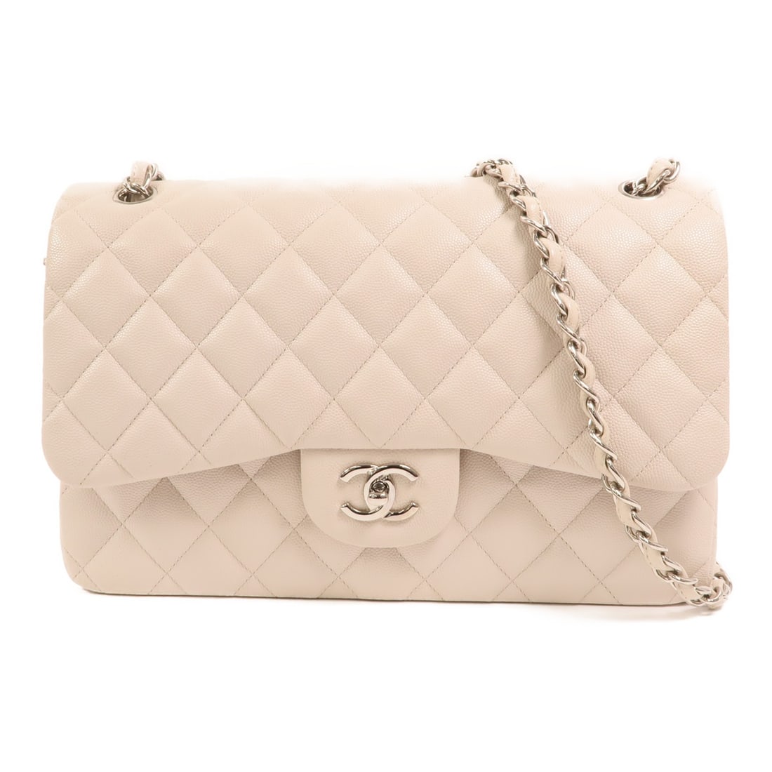 White Calfskin Large Classic CHANEL Chain Shoulder Bag Model A58600 Silver Hardware: White Calfskin Large Classic CHANEL Chain Shoulder Bag Model A58600 Silver Hardware This Chanel CC Large Classic Chain Shoulder Bag features a white calfskin leather exterior and silver-tone hardware.