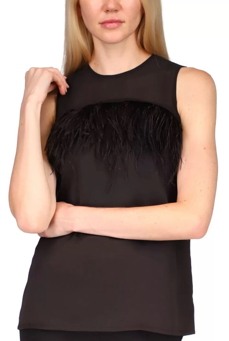 Michael Kors Feather-Trim Black Tank Top Womens L (1 of 2)