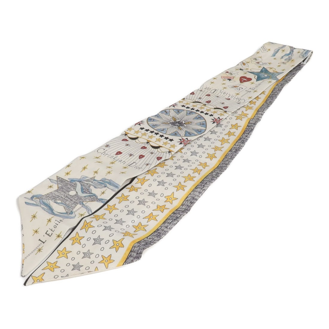 Dior silk scarf in white gray and yellow: Dior silk scarf in white gray and yellow This Christian Dior scarf features a sophisticated combination of white, gray, and yellow hues. Crafted from silk, it offers a luxurious feel and elegant drape