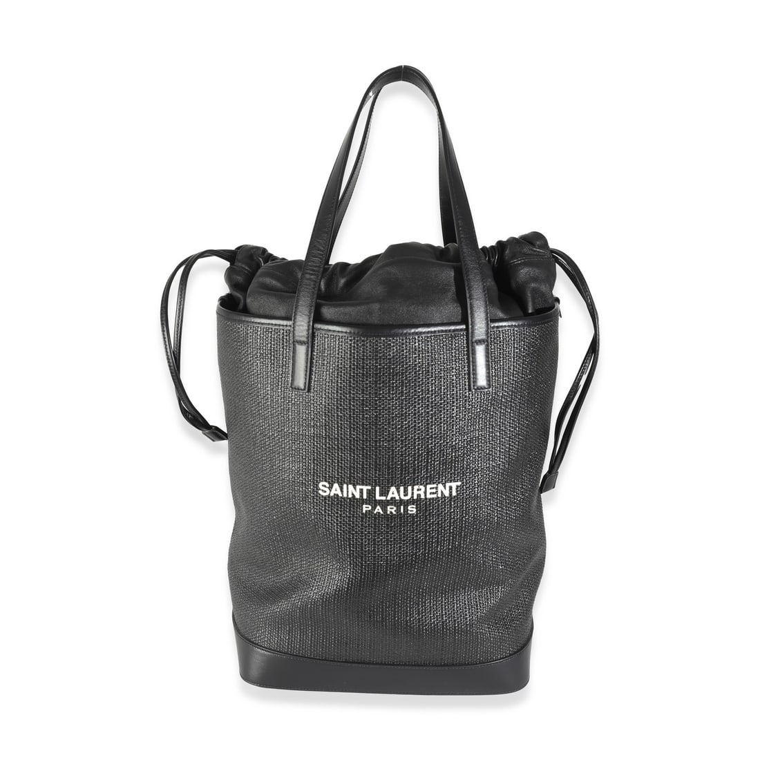 Saint Laurent 2018 Black Teddy Shopping Bag Leather Raffia Tote: Saint Laurent 2018 Black Teddy Shopping Bag Leather Raffia Tote Elevate your accessory collection with the Saint Laurent Black Linen Canvas Teddy Shopping Bag, a versatile and stylish shoulder bag, to