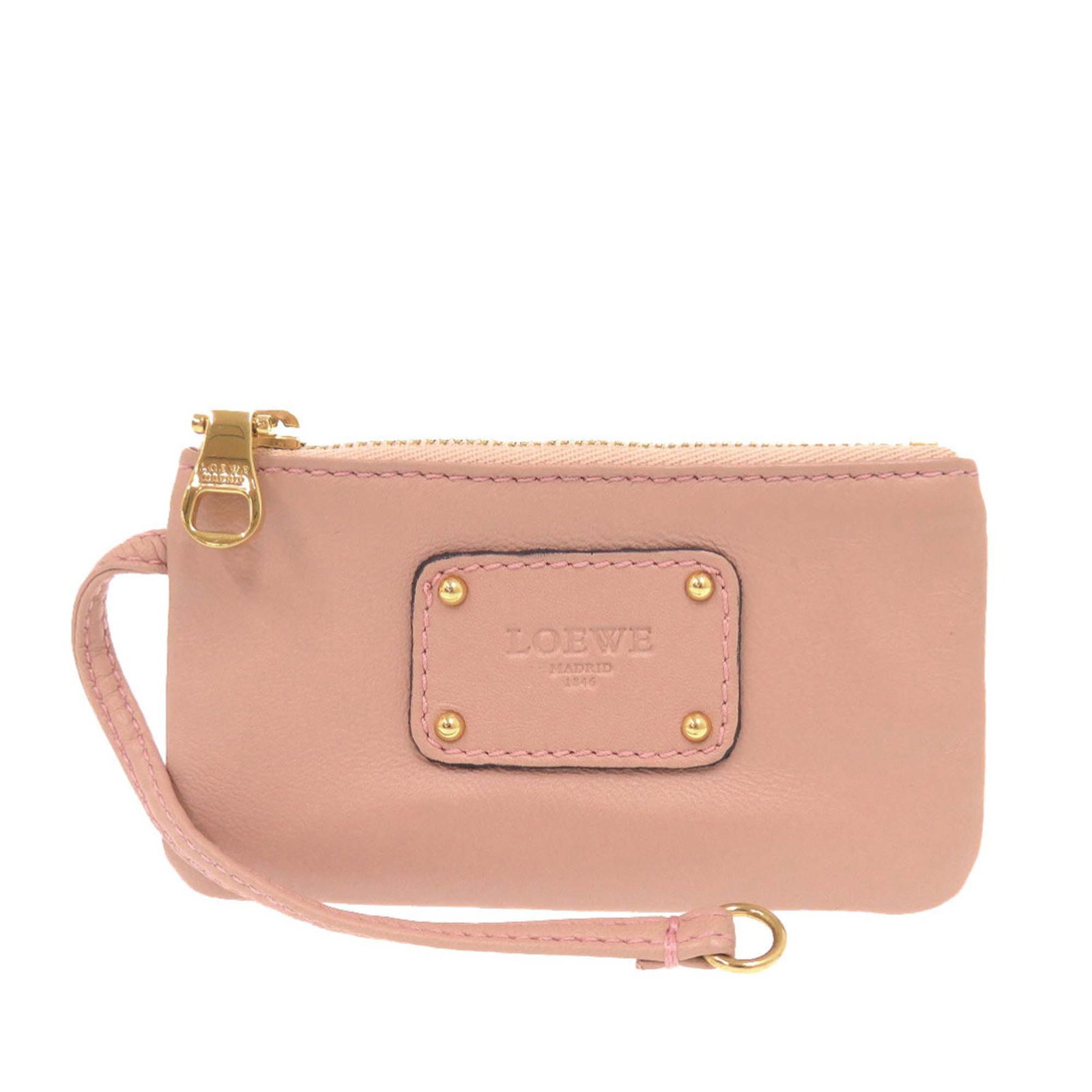 Pink Nappa Leather Coin Purse by Loewe with Top Zip: Pink Nappa Leather Coin Purse by Loewe with Top Zip This coin pouch is crafted from nappa leather and features a top zip closure. The exterior corners show discoloration, the handle exhibits wear, the