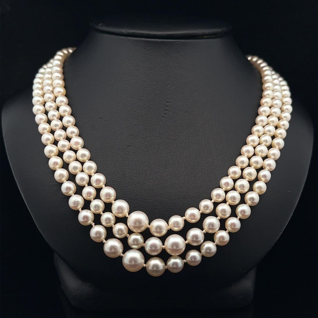 Art Deco GIA Certified Akoya Pearl 3 Strand Necklace with Diamond Sapphire Clasp: Art Deco GIA Certified Akoya Pearl 3 Strand Necklace with Diamond Sapphire Clasp This exquisite Art Deco 3 Strand Necklace features a stunning array of genuine cultured saltwater Akoya pearls, each sh