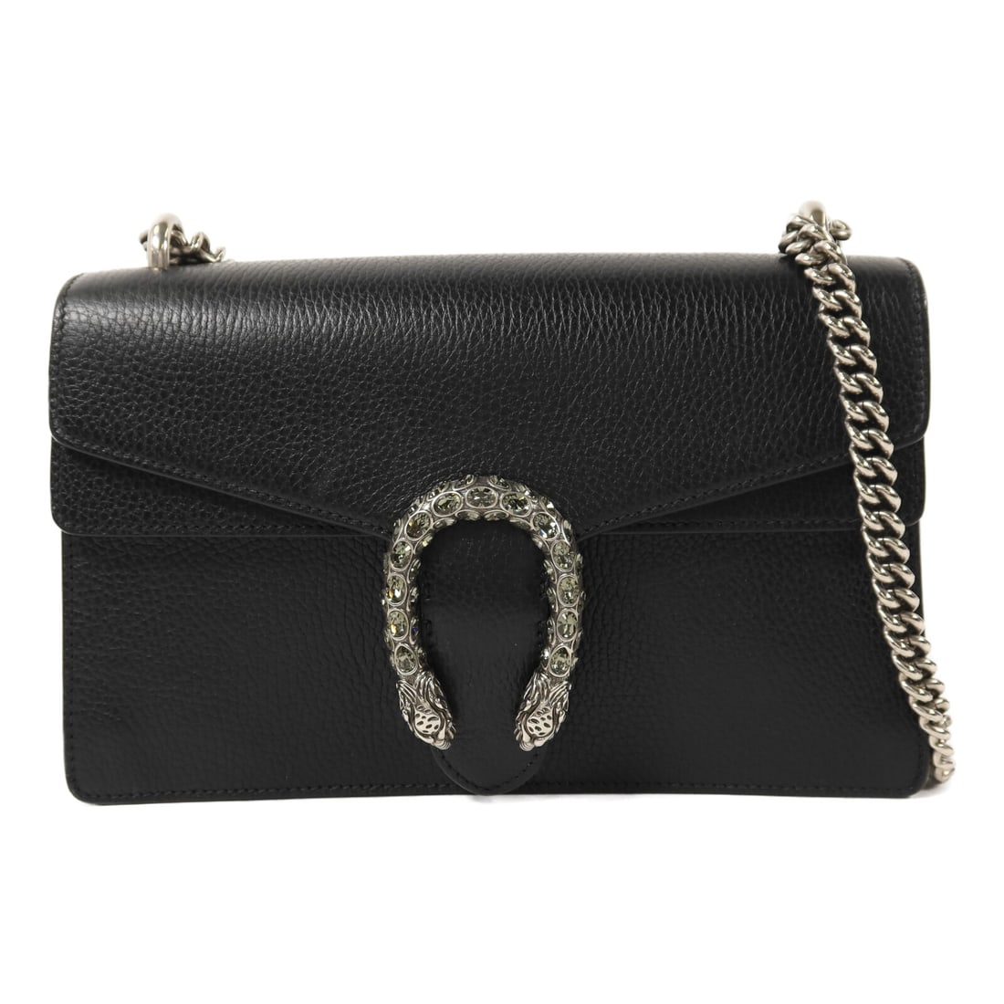 Black Calfskin Dionysus Chain Shoulder Bag by Gucci with Silver Hardware: Black Calfskin Dionysus Chain Shoulder Bag by Gucci with Silver Hardware This Gucci Dionysus shoulder bag is crafted from black calfskin leather and features silver-tone hardware. Designed for women, 