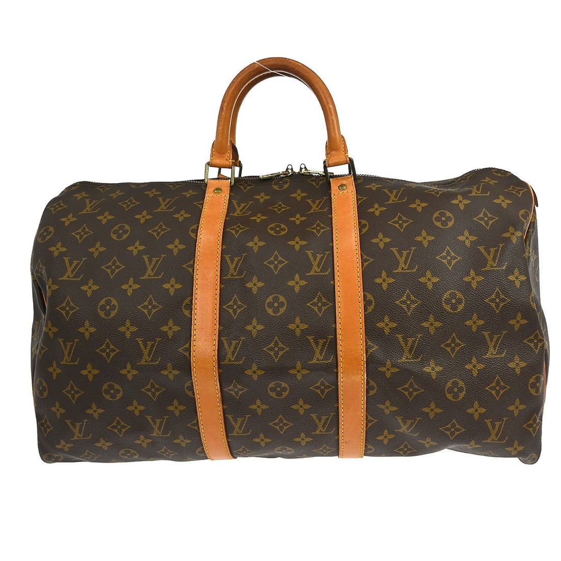 Louis Vuitton Keepall Canvas Travel Bag Monogram Brown 50cm: Louis Vuitton Keepall Canvas Travel Bag Monogram Brown 50cm This Louis Vuitton Keepall Bag features the brand's signature monogram canvas in brown. Designed for unisex use, the bag offers ample space 