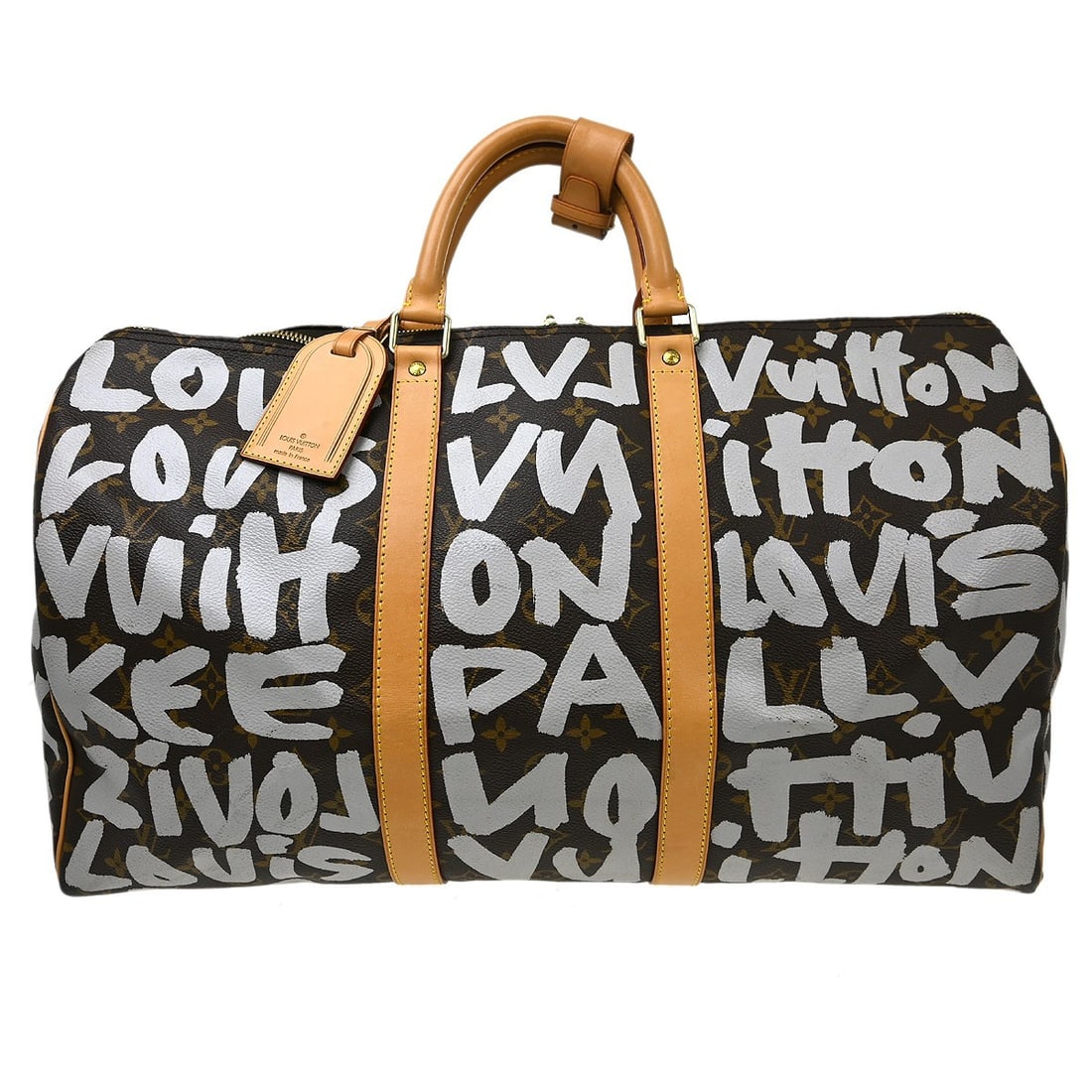 Louis Vuitton Keepall 50 Monogram Graffiti Duffle Bag: Louis Vuitton Keepall 50 Monogram Graffiti Duffle Bag This Louis Vuitton Keepall 50 bag features the distinctive Monogram Graffiti canvas leather in a brown and white colorway. Designed as a large duf