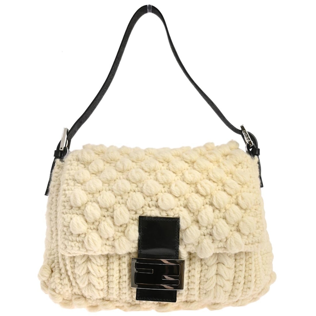 Fendi Mamma Baguette White Wool Shoulder Bag with Silver Hardware: Fendi Mamma Baguette White Wool Shoulder Bag with Silver Hardware This Fendi Mamma Baguette handbag features a white wool exterior with a medium size and a shoulder strap handle style. The bag is acce