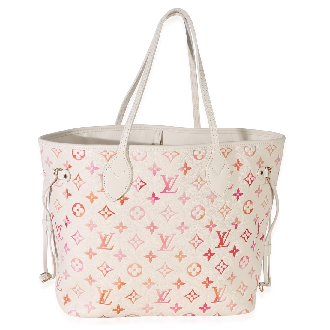 Louis Vuitton Neverfull MM Sunrise Aquarelle Monogram Tote: Louis Vuitton Neverfull MM Sunrise Aquarelle Monogram Tote This Louis Vuitton Neverfull MM tote from the Sunrise Aquarelle collection features a white Monogram Empreinte leather exterior with a vibran