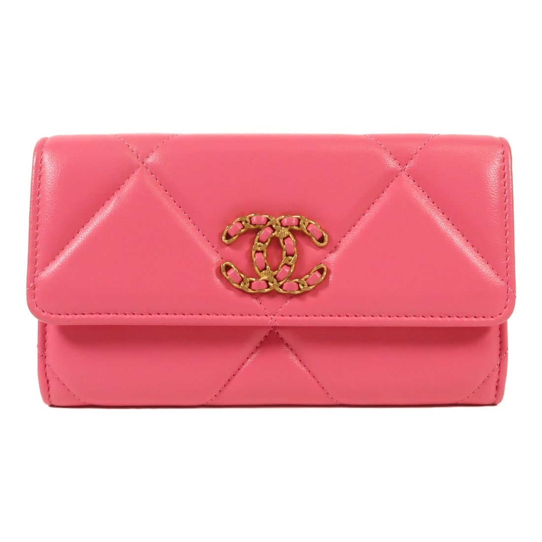 CHANEL C19 Pink Calfskin Tri Fold Long Wallet GHW: CHANEL C19 Pink Calfskin Tri Fold Long Wallet GHW This CHANEL tri-fold long wallet is crafted from pink calfskin leather and features the iconic CC logo. Designed for women, it offers a stylish and pr