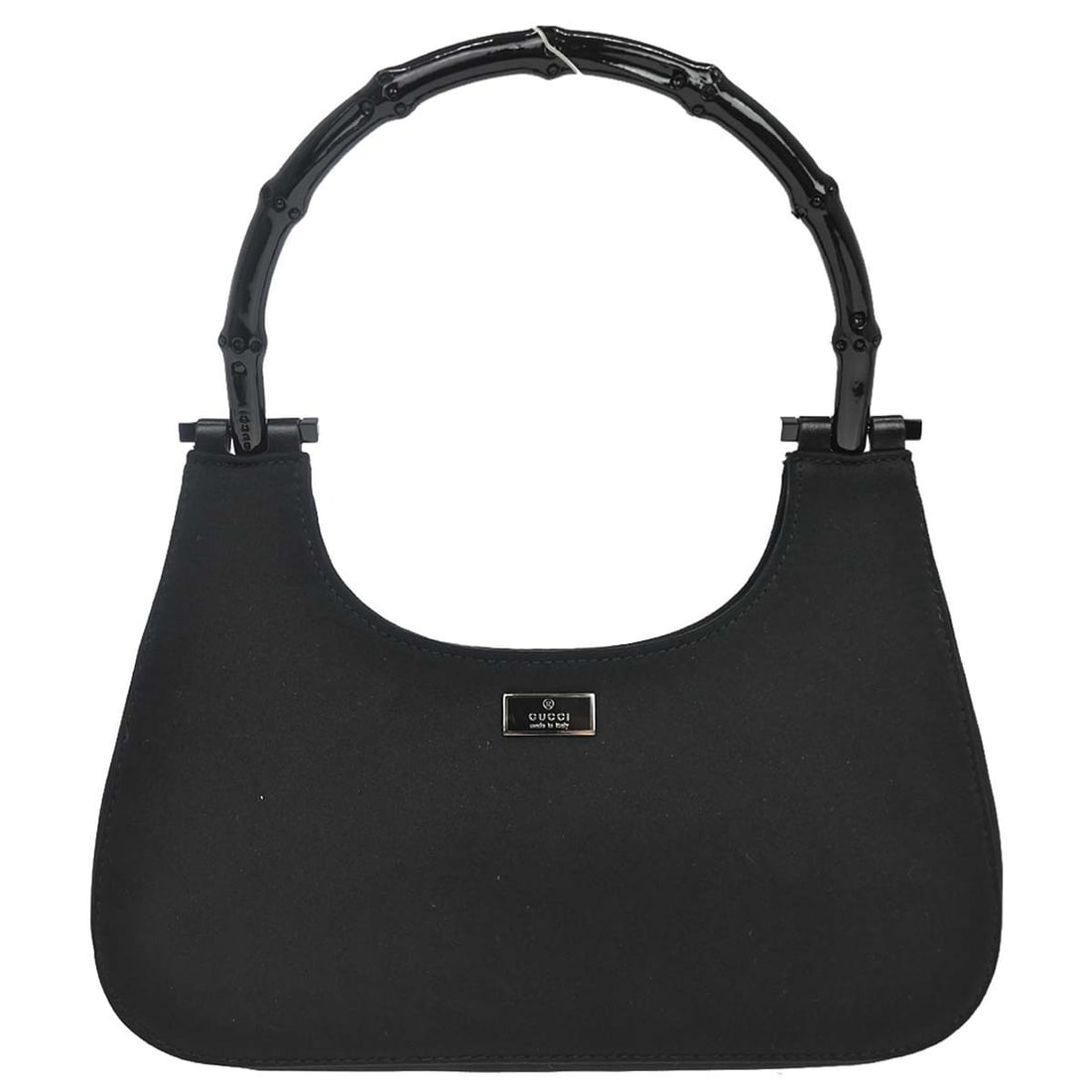 Gucci Bamboo Black Satin Top Handle Bag: Gucci Bamboo Black Satin Top Handle Bag This Gucci top handle bag features a sleek black satin exterior complemented by distinctive bamboo handles. Designed for women, it is a medium-sized handbag sui
