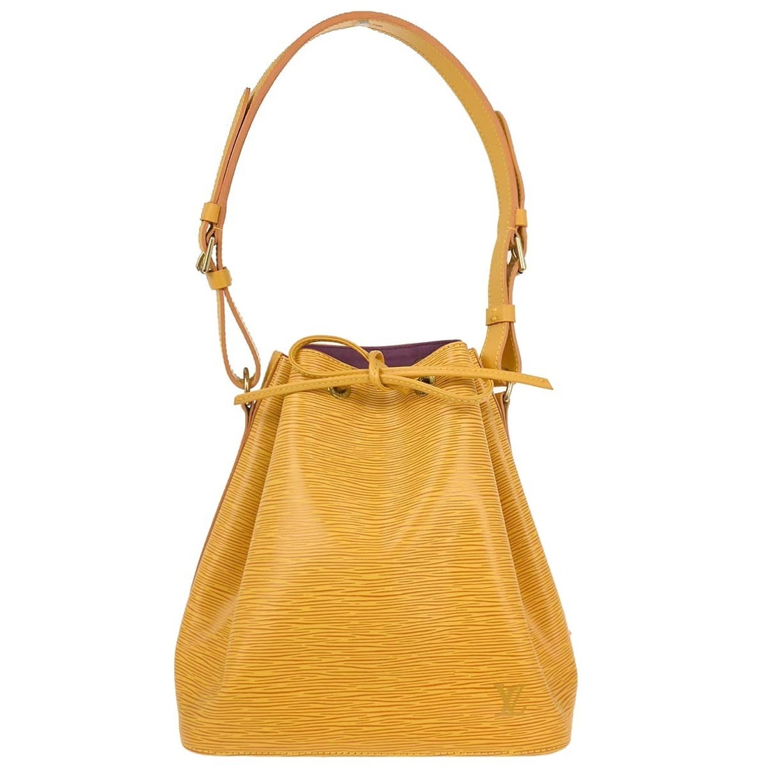 Louis Vuitton Petit Noe Yellow Epi Leather Shoulder Bag: Louis Vuitton Petit Noe Yellow Epi Leather Shoulder Bag This Louis Vuitton Petite Noe shoulder bag features the iconic Epi leather in a vibrant yellow hue, complemented by a purple Alcantara lining. T