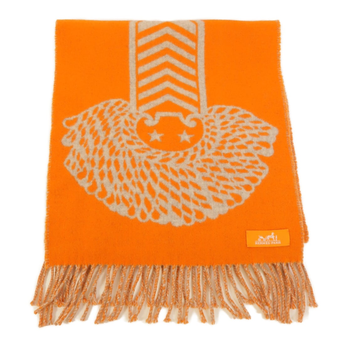 Hermes Casaque Cashmere Scarf Orange Grey: Hermes Casaque Cashmere Scarf Orange Grey This Hermes Casaque Double Epaulette scarf is crafted from luxurious cashmere in a vibrant orange and grey color combination. Designed for women, it offers bo