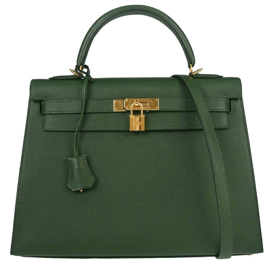Hermes Kelly 32 Vert Anglais Epsom Top Handle Bag: Hermes Kelly 32 Vert Anglais Epsom Top Handle Bag This Hermes Kelly 32 Sellier 2-way handbag features Vert Vertigo Epsom leather with a structured silhouette. Designed with a top handle and a detachab