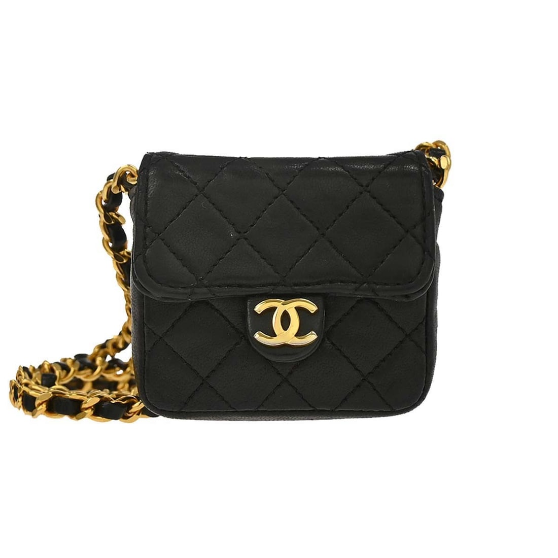 CHANEL Classic Flap Micro black lambskin mini shoulder pouch: CHANEL Classic Flap Micro black lambskin mini shoulder pouch This Chanel Micro Classic Flap Shoulder Bag Pochette is crafted from black lambskin leather with a signature matelasse quilted pattern. It 