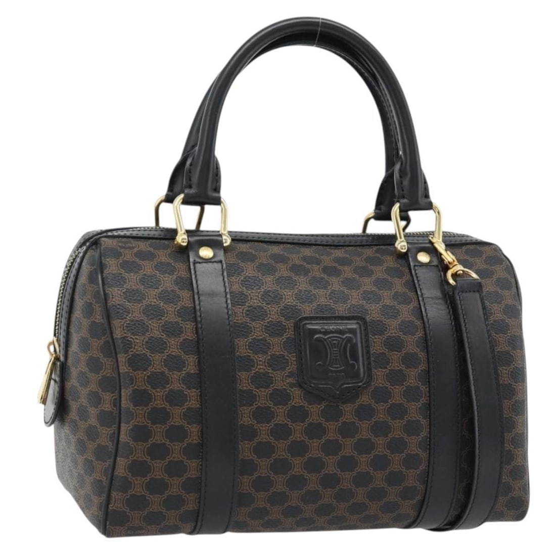 Celine Macadam Canvas Black Unisex Handbag: Celine Macadam Canvas Black Unisex Handbag This Celine Macadam Handbag features the iconic Macadam pattern in black canvas with leather accents. Designed for unisex use, the bag is crafted in Italy an