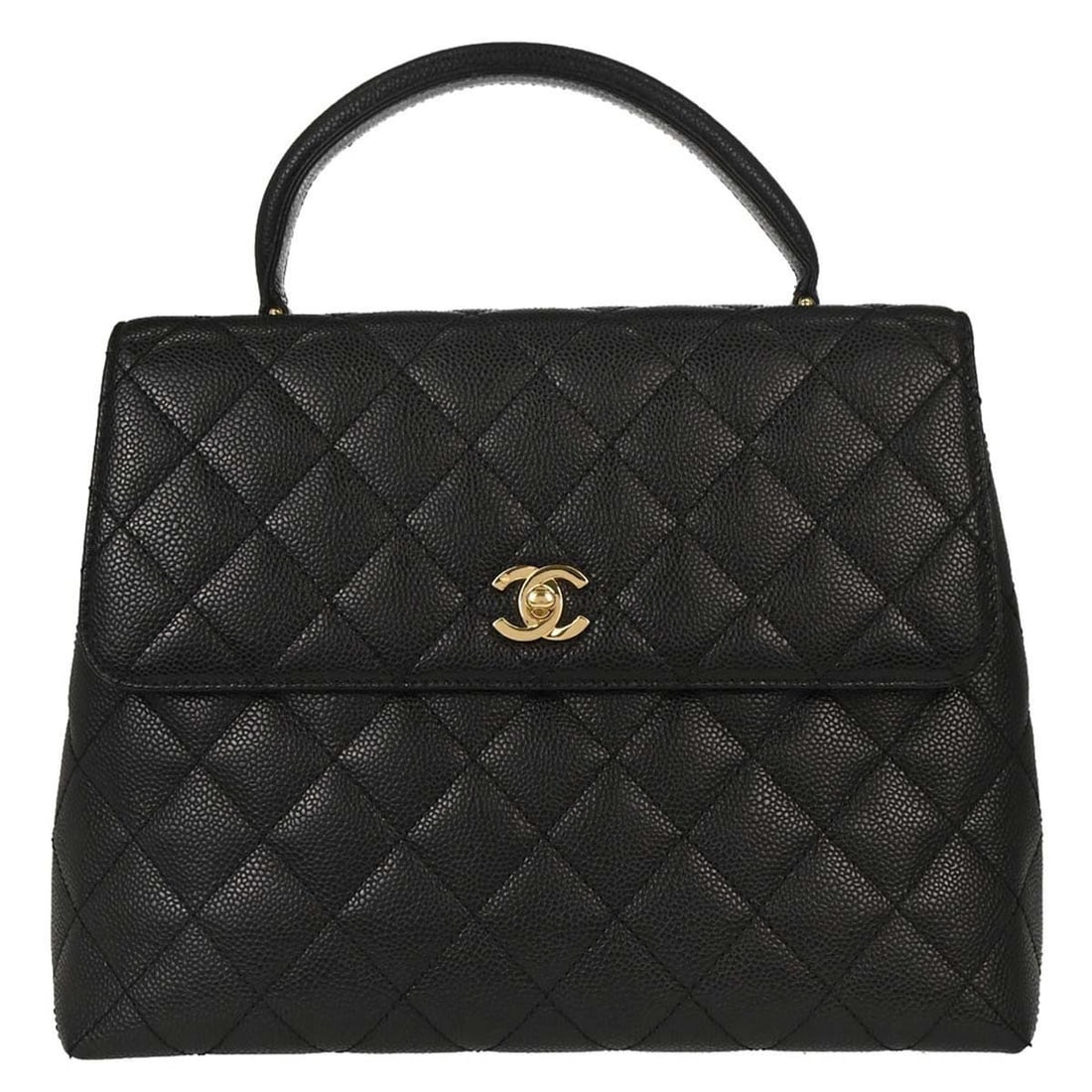 CHANEL Matelasse Quilted Black Leather Turn Lock Handbag: CHANEL Matelasse Quilted Black Leather Turn Lock Handbag This Chanel Black Calfskin Straight Flap Handbag features a classic matelasse quilted pattern and a turn lock closure. Designed in a medium siz