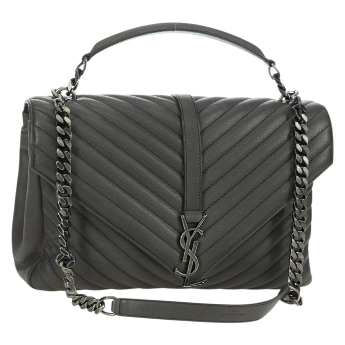 Saint Laurent leather shoulder bag gray silver Italy: Saint Laurent leather shoulder bag gray silver Italy This SAINT LAURENT chain shoulder bag is crafted from gray and silver leather and features a sleek, modern design. Made in Italy, the bag offers bo