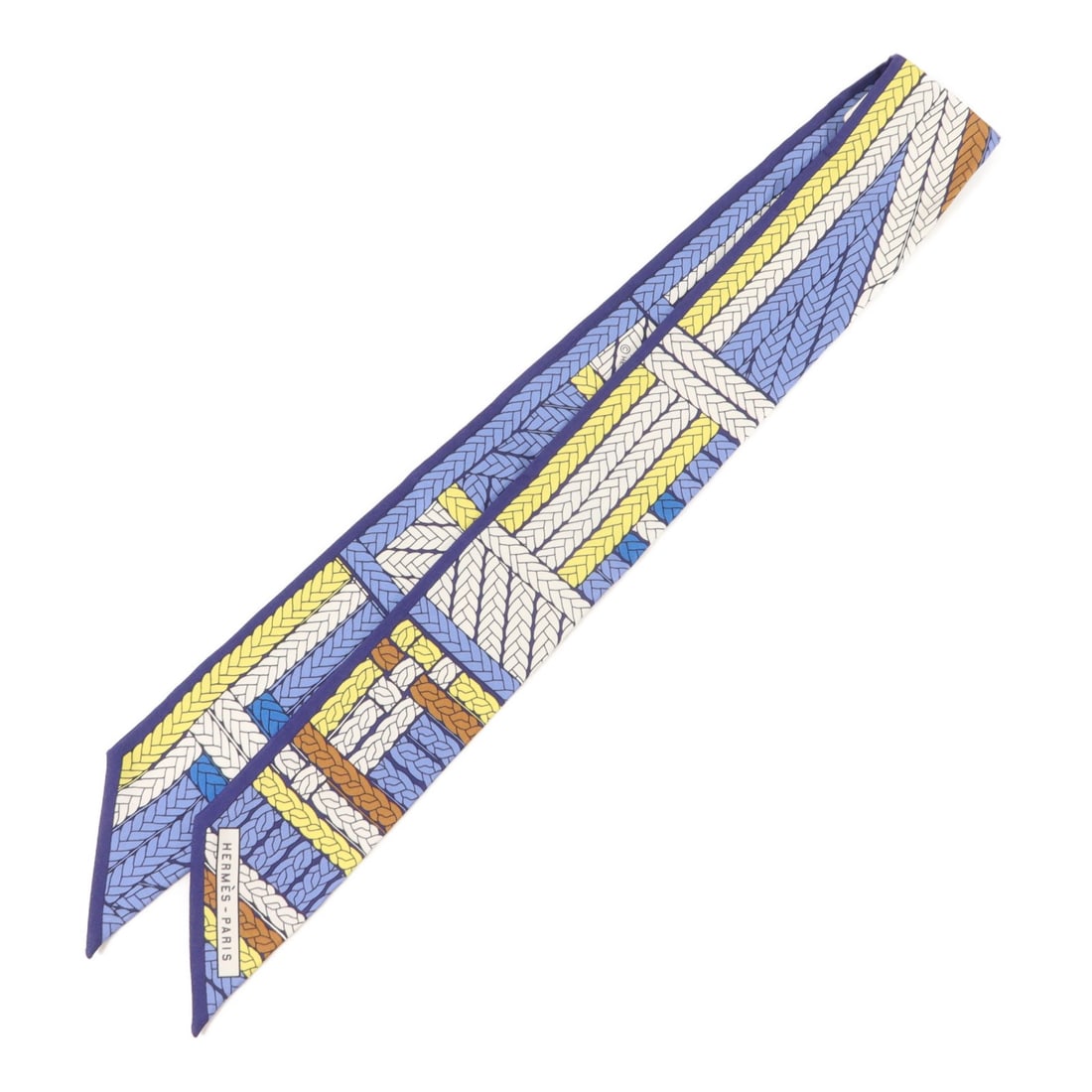 Hermes Blue Silk Twilly: Hermes Blue Silk Twilly This Hermes Twilly scarf is crafted from luxurious silk in a blue color. Designed for women, it features a regular size and showcases the brand's signature quality. Made in Fra