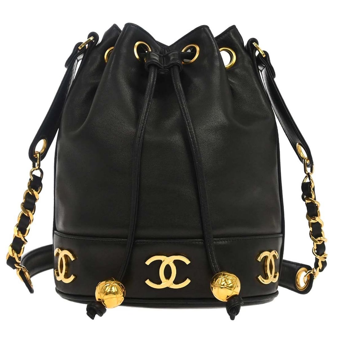CHANEL Black Lambskin Shoulder Bag with Triple CC Drawstring: CHANEL Black Lambskin Shoulder Bag with Triple CC Drawstring This Chanel Black Lambskin Triple CC Drawstring Shoulder Bag features a luxurious leather exterior and a stylish drawstring closure. Design