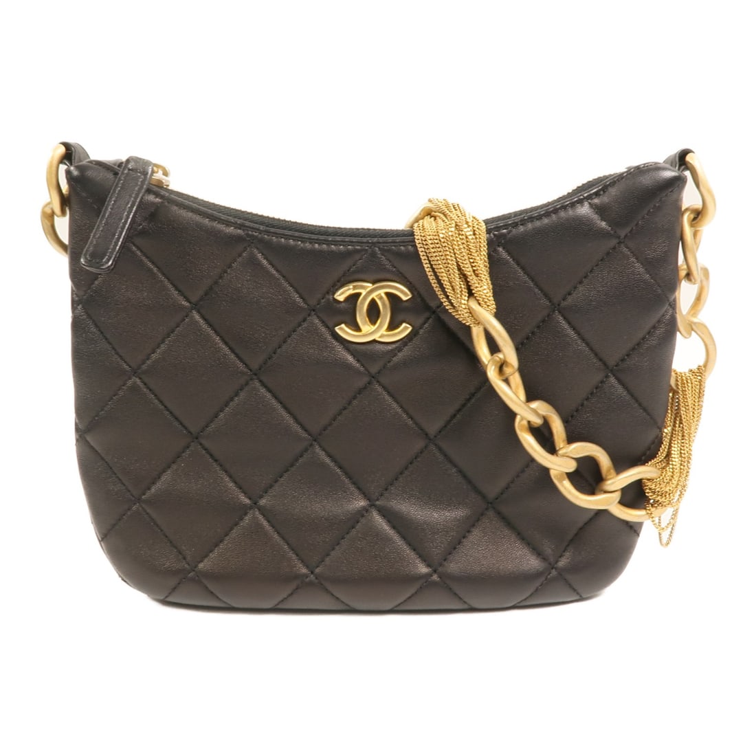 CHANEL AS4220 Black Lambskin Hobo Shoulder Bag GHW: CHANEL AS4220 Black Lambskin Hobo Shoulder Bag GHW This Chanel CC Hobo Chain Shoulder Bag features luxurious black lambskin leather and a classic hobo silhouette. Designed for women, the bag is accent