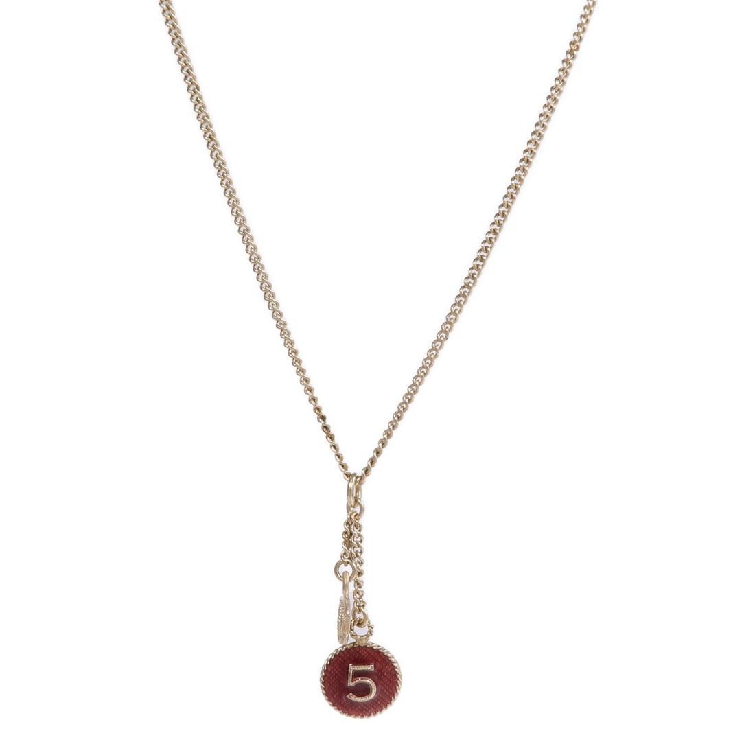 CHANEL Gold CC Pendant Necklace: CHANEL Gold CC Pendant Necklace This CHANEL necklace features the iconic CC logo in a gold-tone finish with red accents. Designed for women, the necklace is crafted from non-specified metal and does n