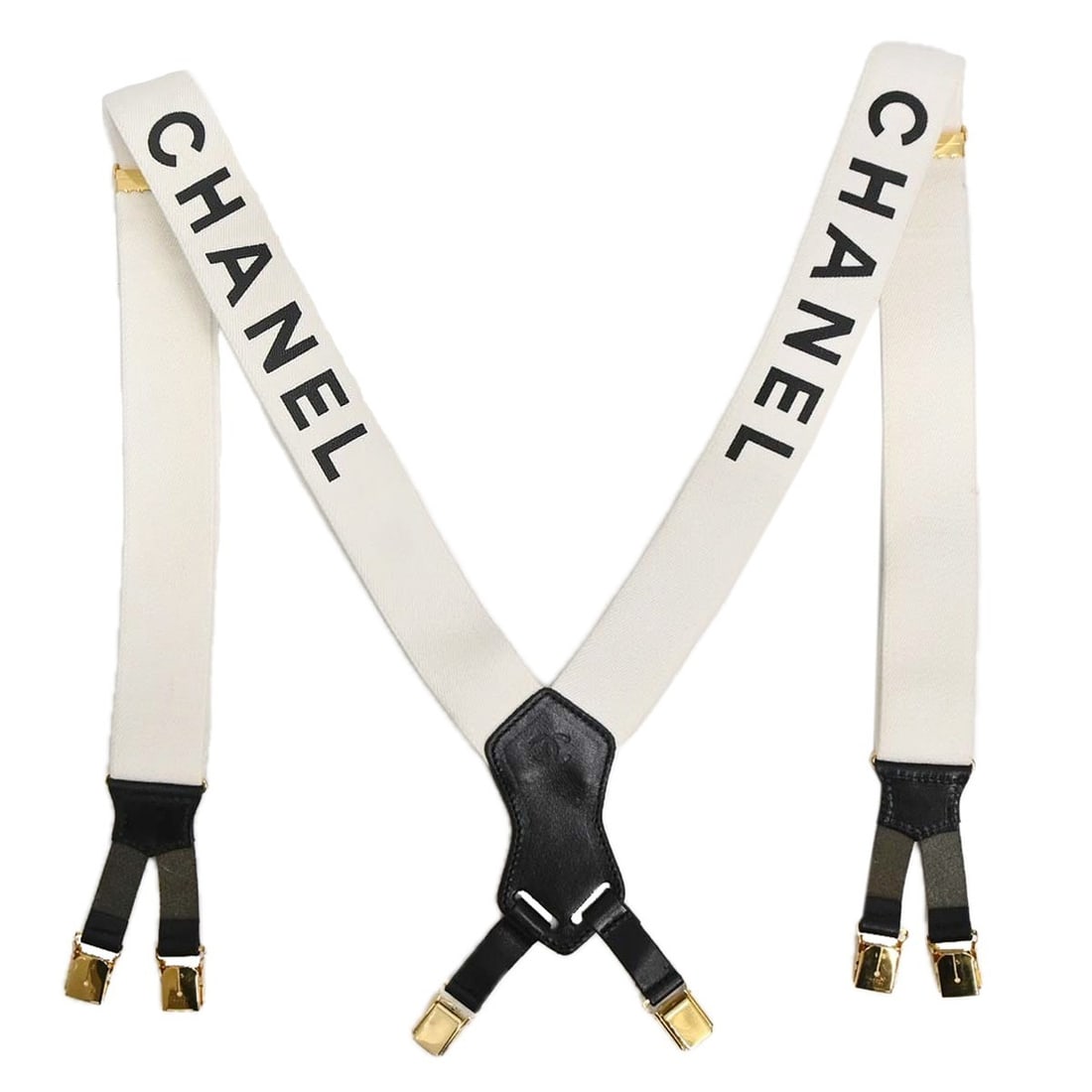 CHANEL White Leather Women Suspenders: CHANEL White Leather Women Suspenders These Chanel suspenders are crafted from white leather and feature metal accents. Designed for women, they are made in France and come in one size. The suspenders