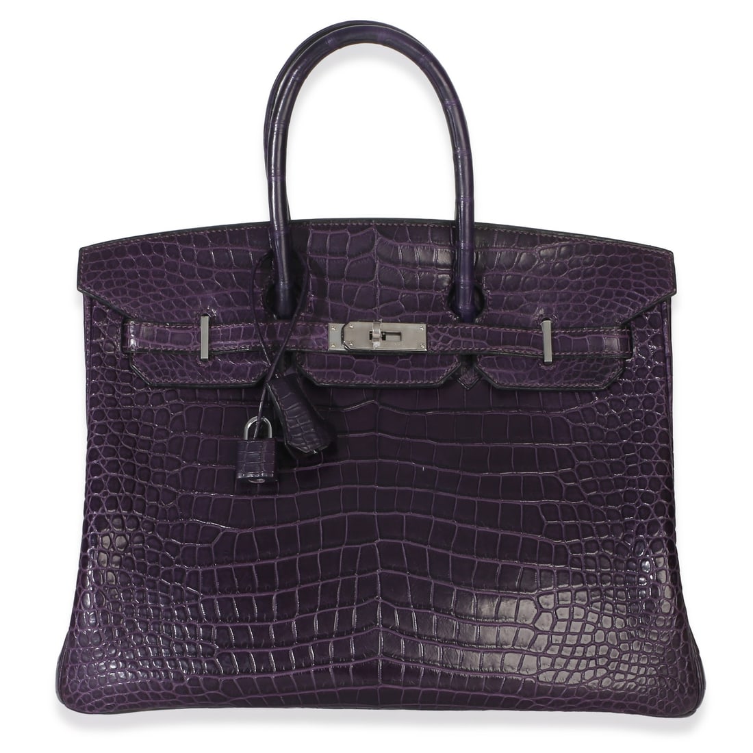Hermes Birkin 35 Amethyst Matte Crocodile Purple PHW: Hermes Birkin 35 Amethyst Matte Crocodile Purple PHW This Hermes Birkin 35 handbag features a striking amethyst purple matte Niloticus crocodile exterior with a matching purple leather lining. The bag