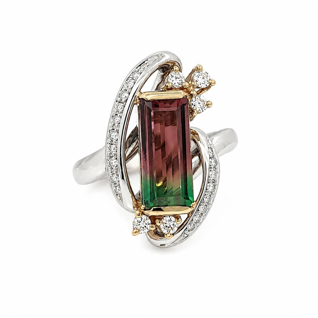 Watermelon Tourmaline Diamond Cocktail Ring Platinum 18k Gold Size 5.5: Watermelon Tourmaline Diamond Cocktail Ring Platinum 18k Gold Size 5.5 This elegant cocktail ring features a striking long step cut watermelon tourmaline, showcasing vibrant green and pink hues, chann