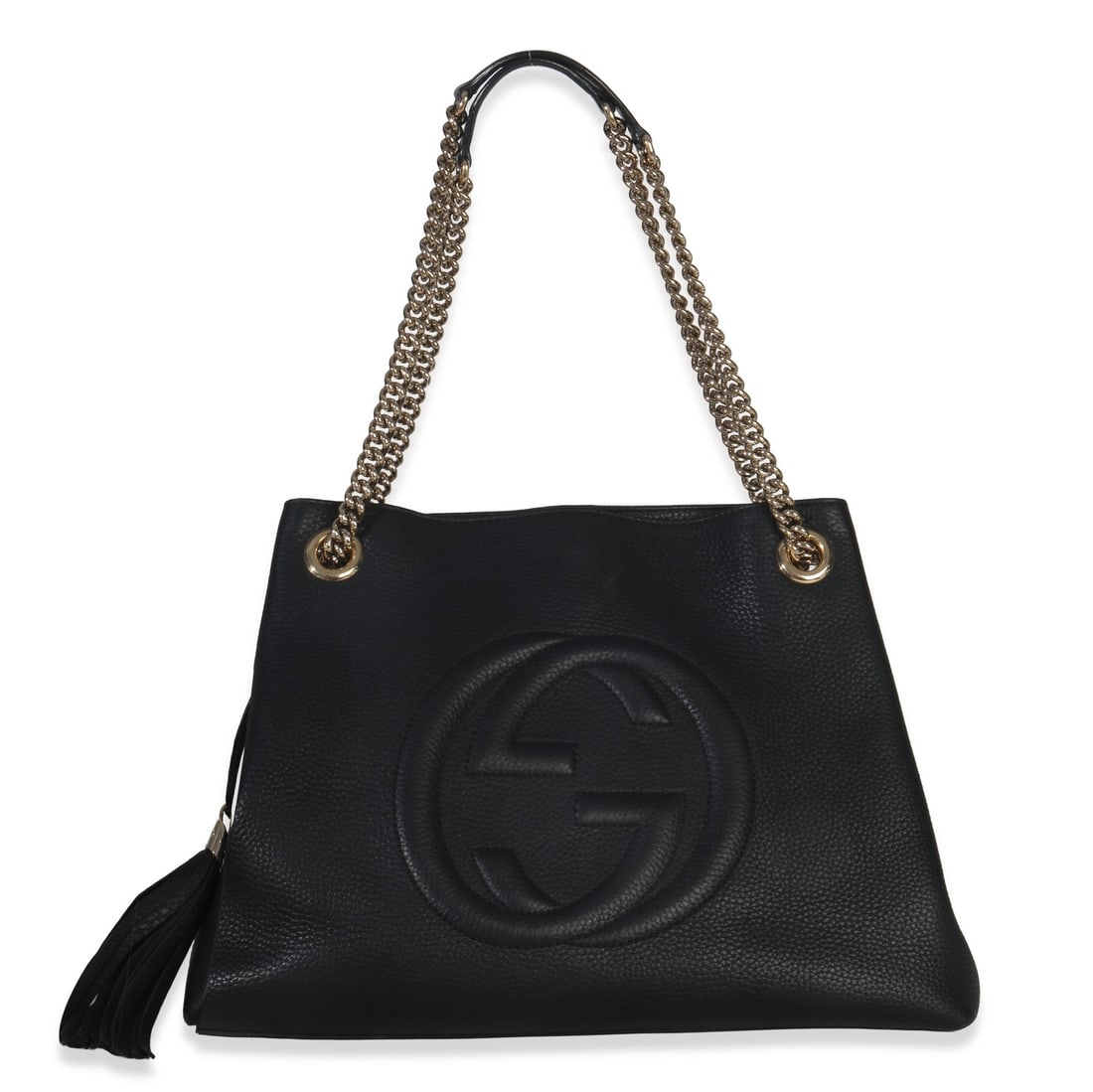 Medium Soho Chain Shoulder Bag in Black Pebbled Calfskin by Gucci: Medium Soho Chain Shoulder Bag in Black Pebbled Calfskin by Gucci This Gucci Medium Soho Chain Shoulder Bag is crafted from black pebbled calfskin leather and features gold-tone hardware, a chain shou