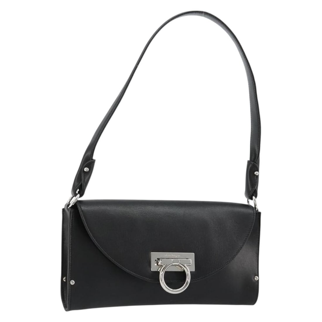 Salvatore Ferragamo black silver leather Gancini shoulder bag: Salvatore Ferragamo black silver leather Gancini shoulder bag This Salvatore Ferragamo Gancini shoulder bag features a sleek black leather exterior with silver-tone accents. Designed for women, it off