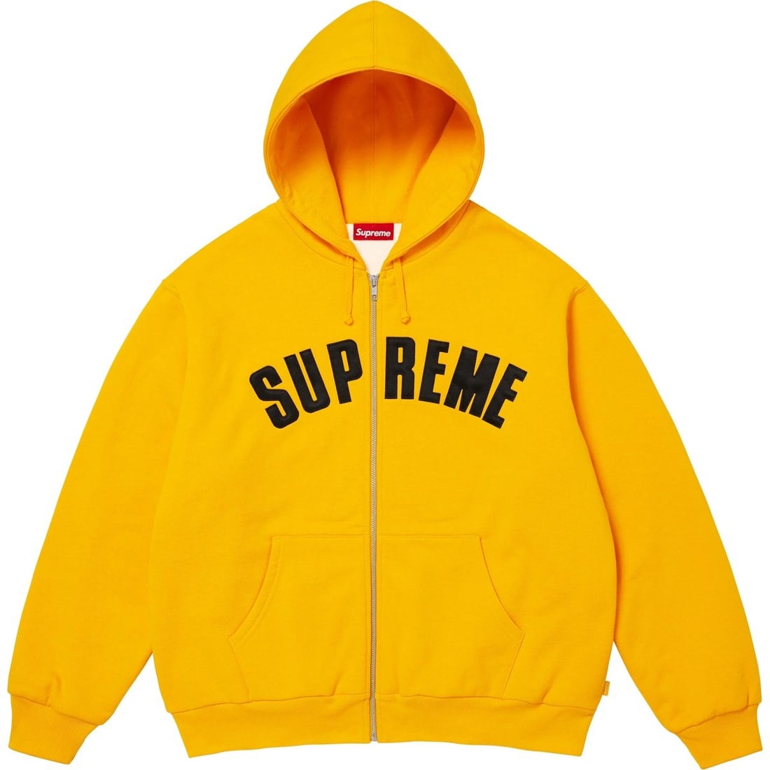 Bright Gold Supreme Arc Logo Hoodie with Thermal Lining and Zip Front: Bright Gold Supreme Arc Logo Hoodie with Thermal Lining and Zip Front This Supreme Arc Thermal Lined Bright Gold Zip Up Hoodie is made from heavyweight cotton fleece and features a soft thermal lining