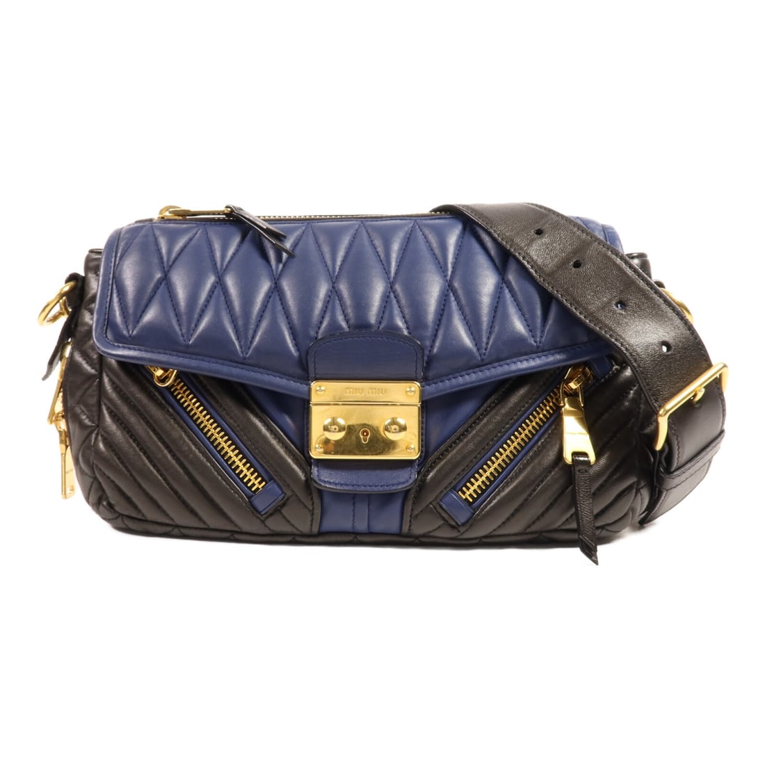 Miu Miu RR1903 Black Calfskin Shoulder Bag GHW: Miu Miu RR1903 Black Calfskin Shoulder Bag GHW This Miu Miu shoulder bag features a sophisticated design crafted from luxurious calfskin leather in a striking black and blue color combination. The bag