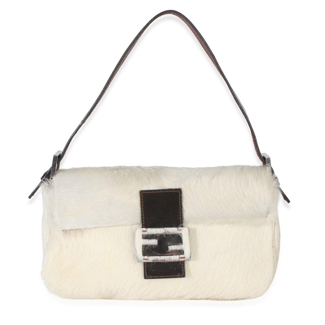 Fendi White Pony Hair Baguette Shoulder Bag: Fendi White Pony Hair Baguette Shoulder Bag This Fendi Vintage White Pony Hair Baguette is a stylish shoulder bag crafted from pony-style calfskin in a neutral tone. It features a magnetic snap closur