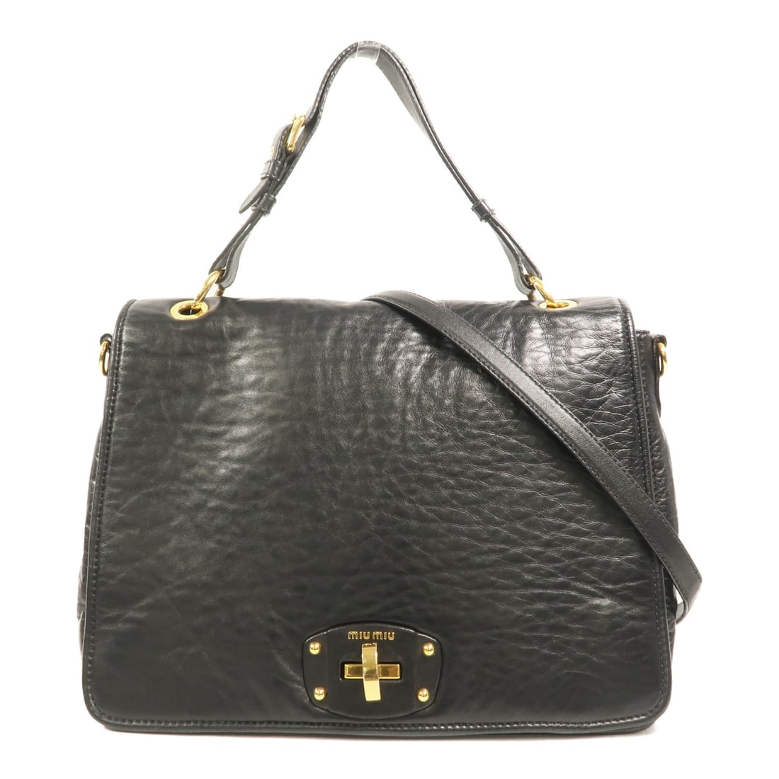 Miu Miu Black Calfskin 2 Way Shoulder Bag GHW: Miu Miu Black Calfskin 2 Way Shoulder Bag GHW This Miu Miu 2-way shoulder bag is crafted from black calfskin leather and features gold-tone hardware. Designed for versatility, it can be carried as a s